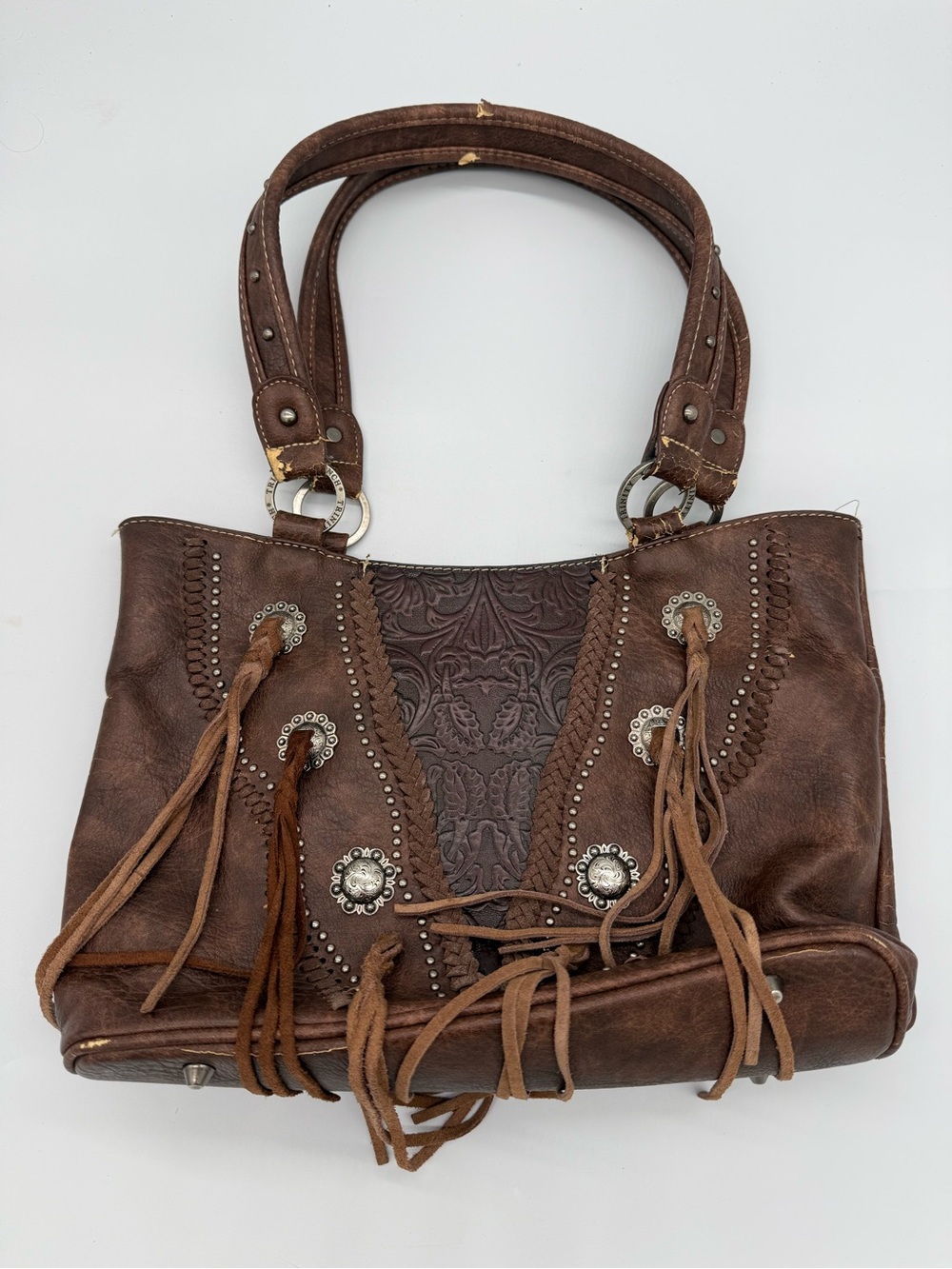 Boho Brown Tassel Shoulder Bag with Embossed Panel pre-owned